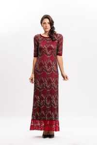 Vestido longo em Renda Vermelho com Dourado
