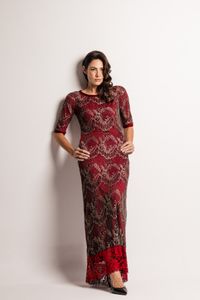 Vestido longo em Renda Vermelho com Dourado