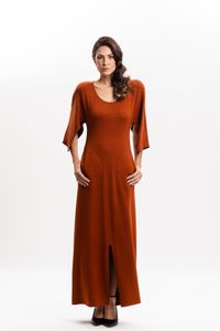 Vestido Longo em Malha Terracota com Manga Morcego