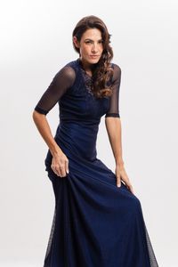 Vestido Longo em Tule Canelado Azul Marinho