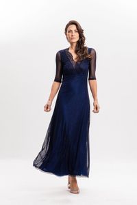 Vestido Longo em Tule Canelado Azul Marinho