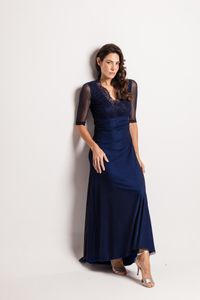 Vestido Longo em Tule Canelado Azul Marinho