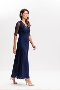 Vestido Longo em Tule Canelado Azul Marinho