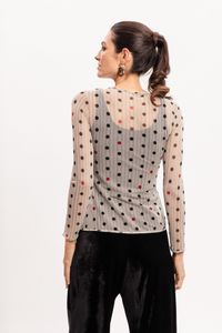 Blusa Segunda Pele em Tule Manga Longa Poá