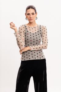 Blusa Segunda Pele em Tule Manga Longa Poá