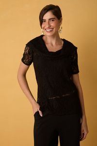 Blusa de Renda Preta com Gola Drapeada