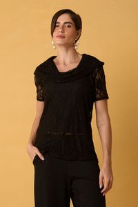 Blusa de Renda Preta com Gola Drapeada