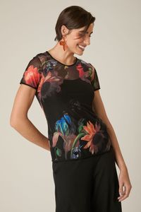 Blusa Segunda Pele de Tule Floral Manga Curta Estampa Elias Vanden Broeck 