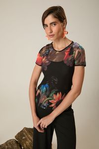 Blusa Segunda Pele de Tule Floral Manga Curta Estampa Elias Vanden Broeck 