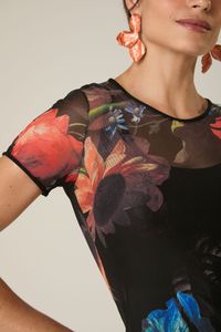 Blusa Segunda Pele de Tule Floral Manga Curta Estampa Elias Vanden Broeck 