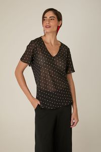 Blusa Preta de Poá Manga Curta Decote V