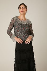 Blusa Tule Bordado com Renda Preta