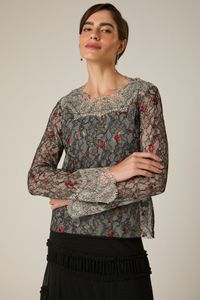 Blusa Tule Bordado com Renda Preta