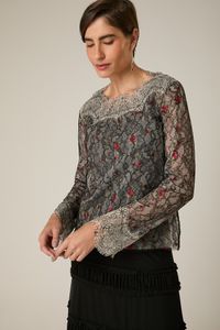 Blusa Tule Bordado com Renda Preta