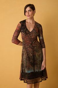 Vestido Curto de Tule Estampa Van Gogh Manga 3/4