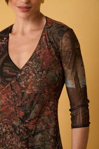 Vestido Curto de Tule Estampa Van Gogh Manga 3/4