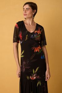 Vestido Midi de Tule Floral com Passa-Fita Estampa Elias Vanden Broeck