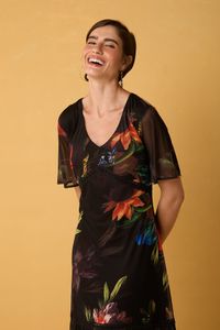 Vestido Midi de Tule Floral com Passa-Fita Estampa Elias Vanden Broeck