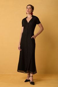 Vestido Chemise Longo de Tule Preto com Rosa Vermelha