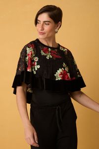 Bolero Preto com Renda Bordada Flores Vermelhas