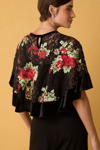 Bolero Preto com Renda Bordada Flores Vermelhas