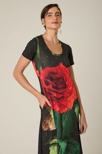 Vestido de Tule com Frufru e Decote Redondo Rosas
