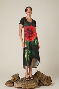 Vestido de Tule com Frufru e Decote Redondo Rosas