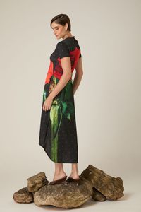 Vestido de Tule com Frufru e Decote Redondo Rosas