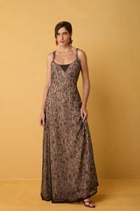 Vestido Longo 3 Camadas em Renda Preta e Tule Bordado Floral