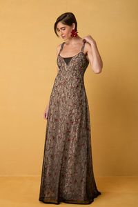 Vestido Longo 3 Camadas em Renda Preta e Tule Bordado Floral