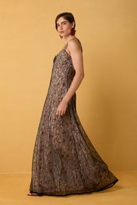 Vestido Longo 3 Camadas em Renda Preta e Tule Bordado Floral