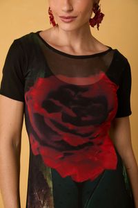 Vestido Estampado Floral Rosa Vermelha com Transparência