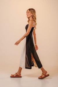 Vestido Cropped Linho Verena Color Block Off White/Preto/Marrom