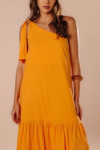 Vestido Cropped Amplo Linho Ombro Único Alina Laranja