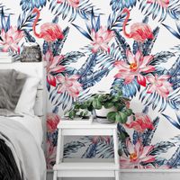 Foto do produto Papel de Parede Tropical Folhas Flores Flamingo