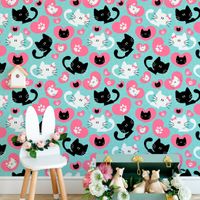 Foto do produto Papel de Parede Infantil Corações e Gatinhos 