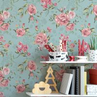 Foto do produto Papel de Parede Fundo Azul com Flores Rosas 