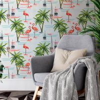Foto do produto Papel de Parede Tropical Coqueiro e Flamingos