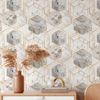 Foto do produto Papel de Parede Hexágonos de Mamoré Branco com Dourado