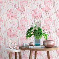 Foto do produto Papel de Parede Hexágonos Rosa Metálico e Mármore