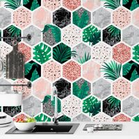 Foto do produto Papel de Parede Hexágono com Plantas e Mármore