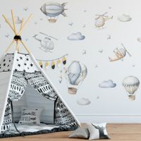 Foto do produto Adesivo de Parede Infantil Balões, Aviões, Helicópteros, Zepelins Nuvens e Estrelas