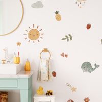 Foto do produto Kit Adesivos de Parede Infantil Aquarela Natureza Fofa – Sol, Baleia, Flores e Animais