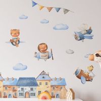 Foto do produto Kit Adesivos de Parede Infantil Aquarela: Casas, Aviões, Nuvens e Animais
