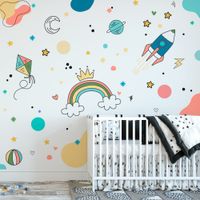 Foto do produto Kit Adesivo de Parede Infantil Aventura no Céu com Arco-íris e Foguete