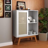 Foto do produto Balcão Alto Aparador Buffet Rattan Pés Em Madeira Branco [F066]