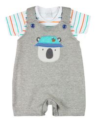Foto do produto Macacão Bebê Curto Menino Salopete Suedine Com Camiseta de Cotton Listrado Bordado Ursinho de Chapéu