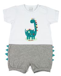 Foto do produto Macacão Bebê Menino Verão Manga Curta Silk Screen Dinossauro com Aplicação nas Pernas