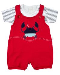 Foto do produto Macacão Bebê Curto Menino Salopete Suedine Com Camiseta Listrada Bordado Carangueijo