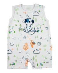 Foto do produto Macacão Bebê Menino Verão Suedine Estampado Manga Cavada Bordado Cachorrinho